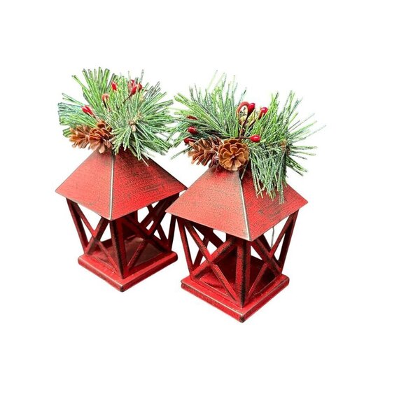 Christmas Lantern Ornament Set 5in Pinecone Berry Accents Holiday Rustic New Red - Picture 7 of 11